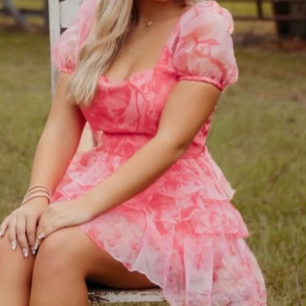 Pink Floral Puff Sleeve Dress